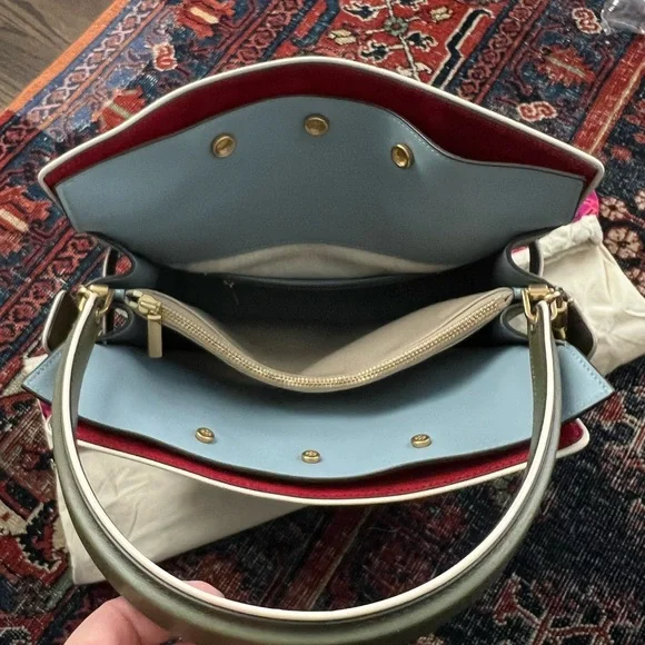 Lee Radziwill for Tory Burch Double Bag in olive green leather w white piping - Picture 3 of 4